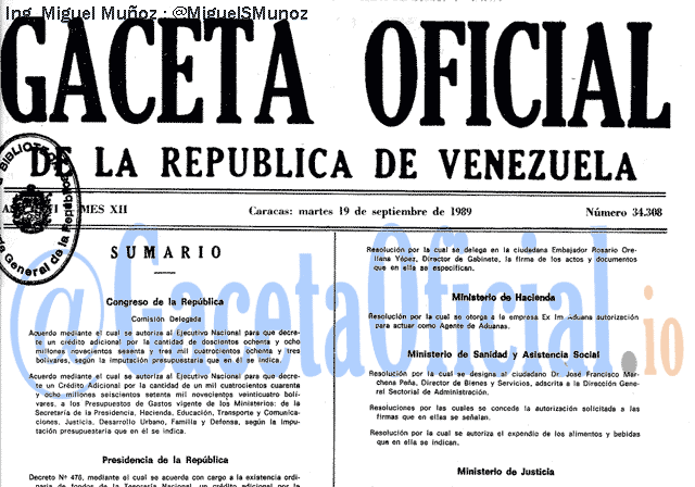 Gaceta Oficial 34308 del 19 Septiembre 1989