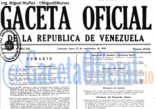 Gaceta Oficial 34312 del 25 Septiembre 1989