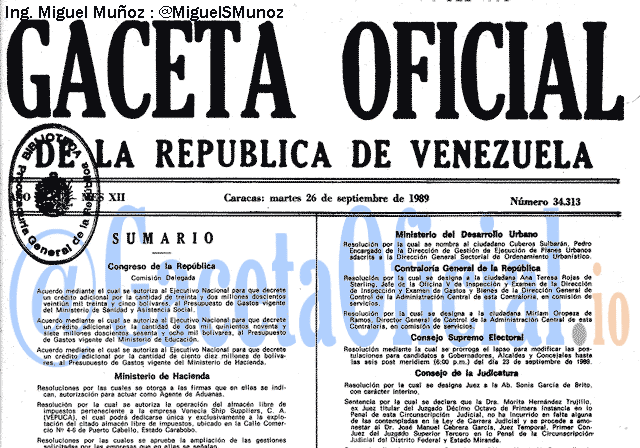 Gaceta Oficial 34313 del 26 Septiembre 1989
