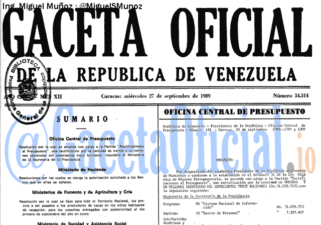 Gaceta Oficial 34314 del 27 Septiembre 1989
