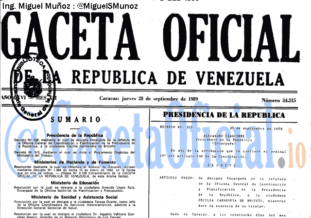 Gaceta Oficial 34315 del 28 Septiembre 1989