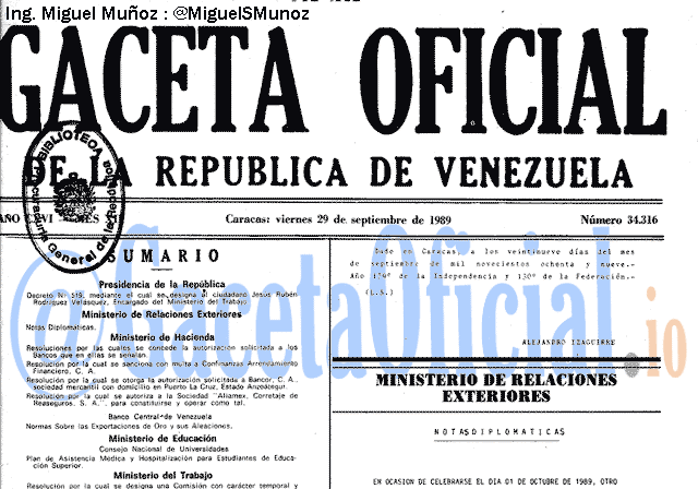 Gaceta Oficial 34316 del 29 Septiembre 1989