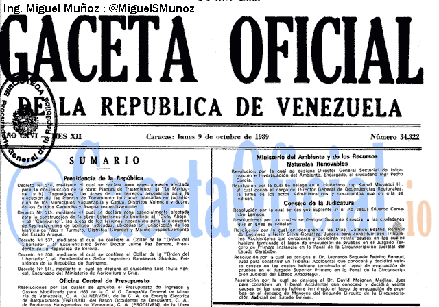 Gaceta Oficial 34322 del 9 Octubre 1989