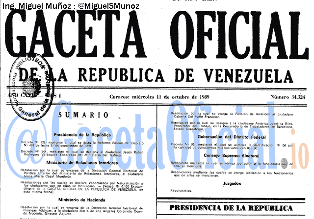 Gaceta Oficial 34324 del 11 Octubre 1989