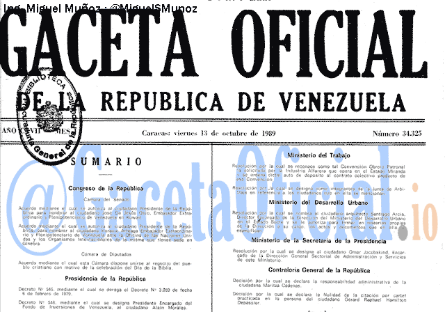 Gaceta Oficial 34325 del 13 Octubre 1989