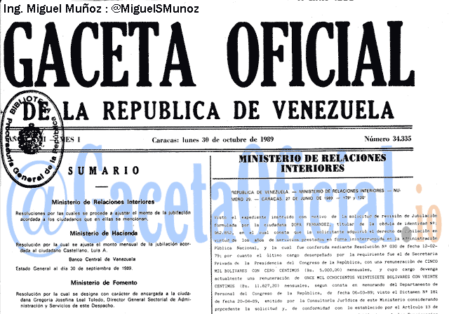 Gaceta Oficial 34335 del 30 Octubre 1989