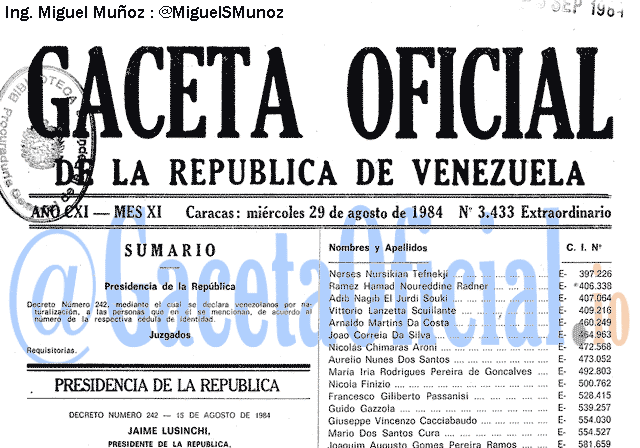 Gaceta Oficial 3433 del 29 Agosto 1984