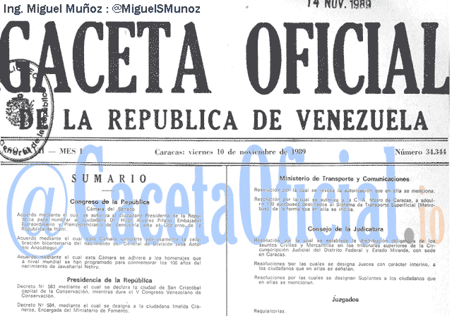 Gaceta Oficial 34344 del 10 Noviembre 1989