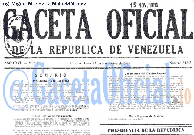 Gaceta Oficial 34345 del 13 Noviembre 1989