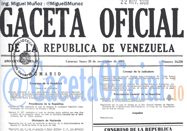 Gaceta Oficial 34350 del 20 Noviembre 1989