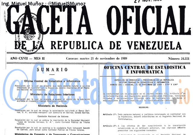 Gaceta Oficial 34351 del 21 Noviembre 1989