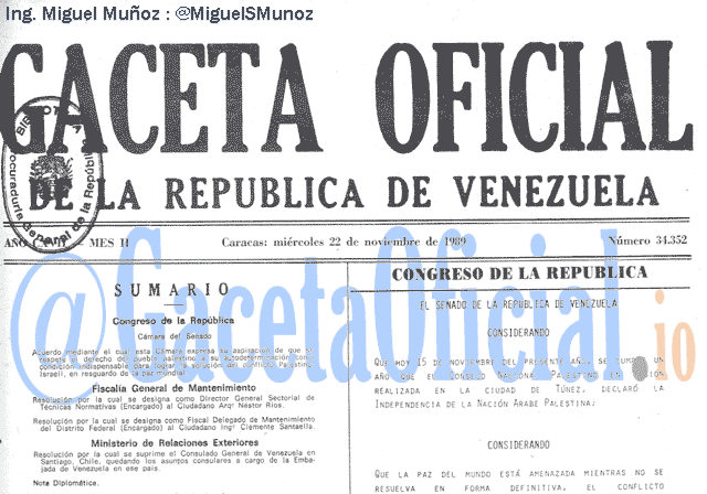 Gaceta Oficial 34352 del 22 Noviembre 1989
