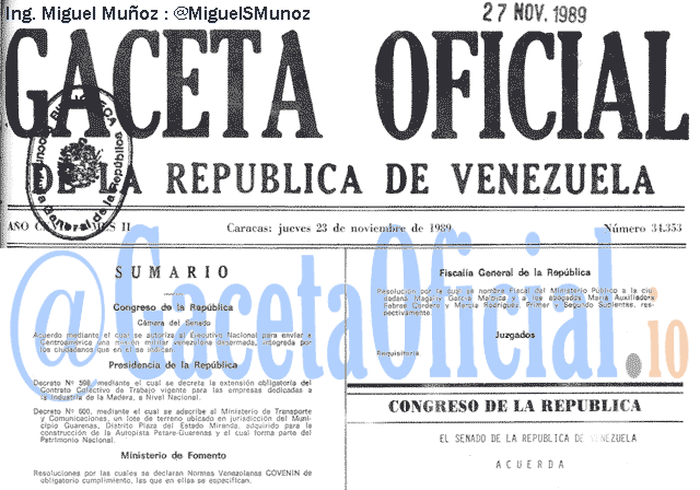 Gaceta Oficial 34353 del 23 Noviembre 1989