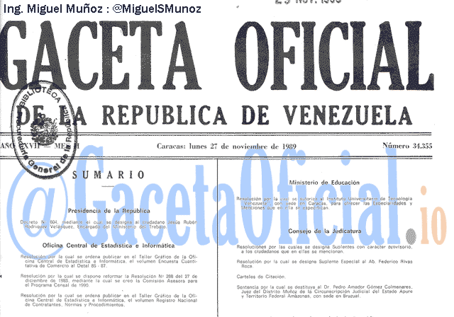 Gaceta Oficial 34355 del 27 Noviembre 1989