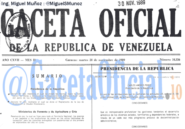 Gaceta Oficial 34356 del 28 Noviembre 1989