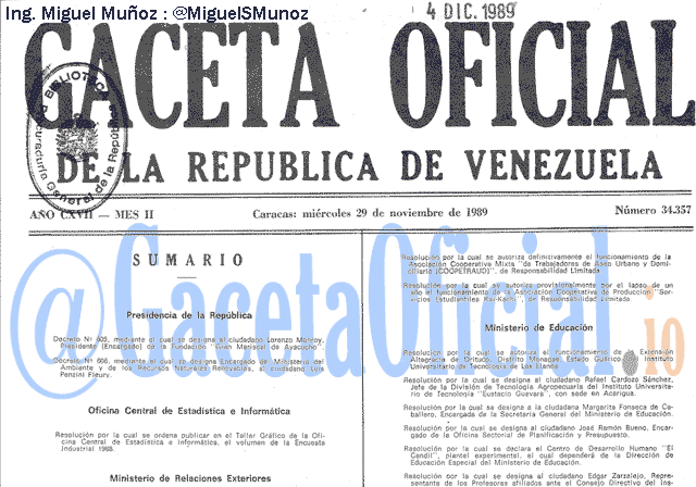 Gaceta Oficial 34357 del 29 Noviembre 1989