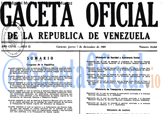 Gaceta Oficial 34363 del 7 Diciembre 1989