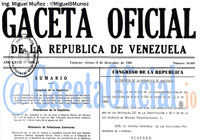 Gaceta Oficial 34364 del 8 Diciembre 1989