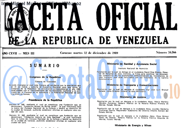 Gaceta Oficial 34366 del 12 Diciembre 1989