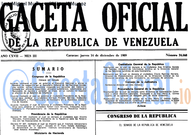 Gaceta Oficial 34368 del 14 Diciembre 1989