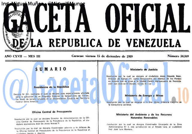 Gaceta Oficial 34369 del 15 Diciembre 1989