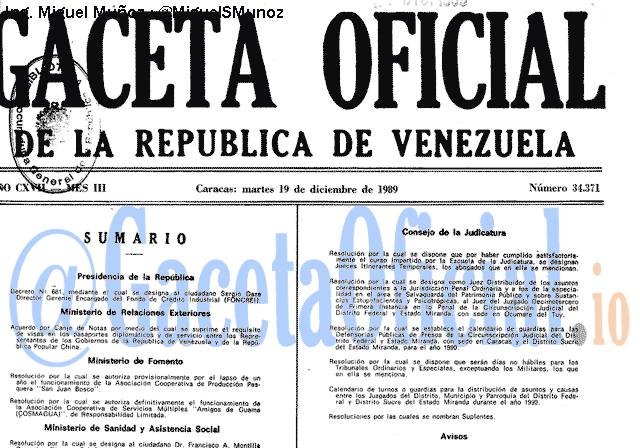 Gaceta Oficial 34371 del 19 Diciembre 1989