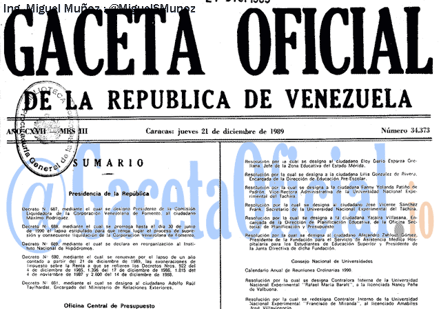 Gaceta Oficial 34373 del 21 Diciembre 1989