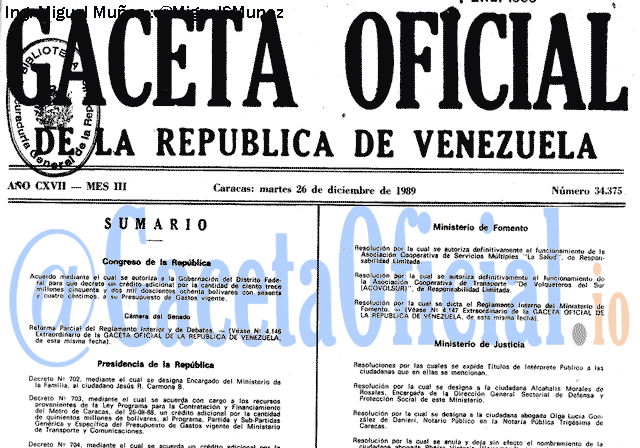Gaceta Oficial 34375 del 26 Diciembre 1989