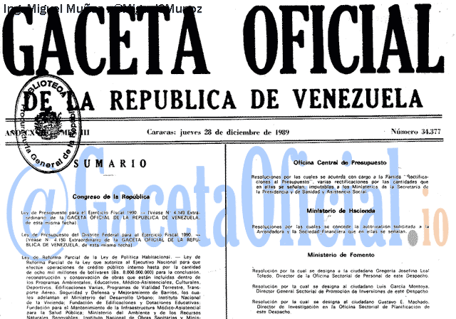 Gaceta Oficial 34377 del 28 Diciembre 1989