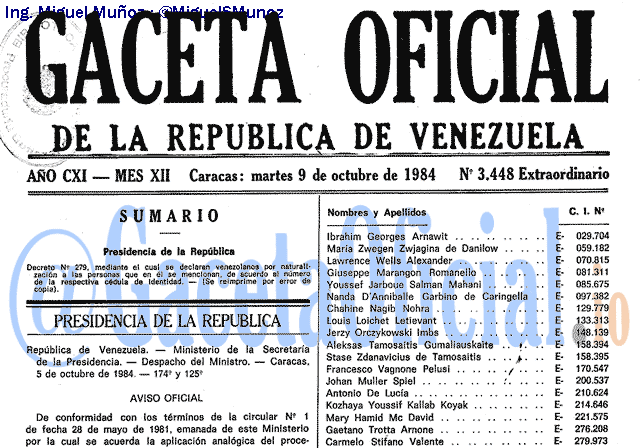 Gaceta Oficial 3448 del 9 Octubre 1984