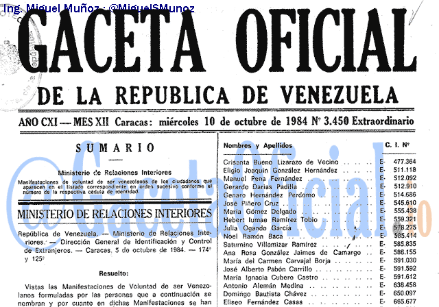 Gaceta Oficial 3450 del 10 Octubre 1984