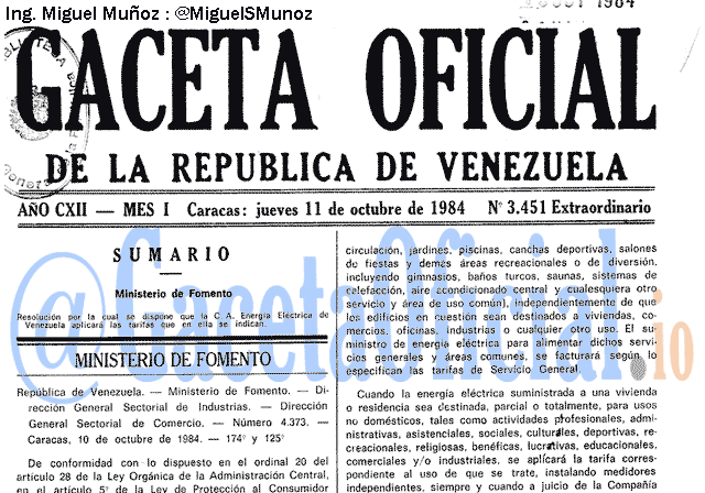 Gaceta Oficial 3451 del 11 Octubre 1984