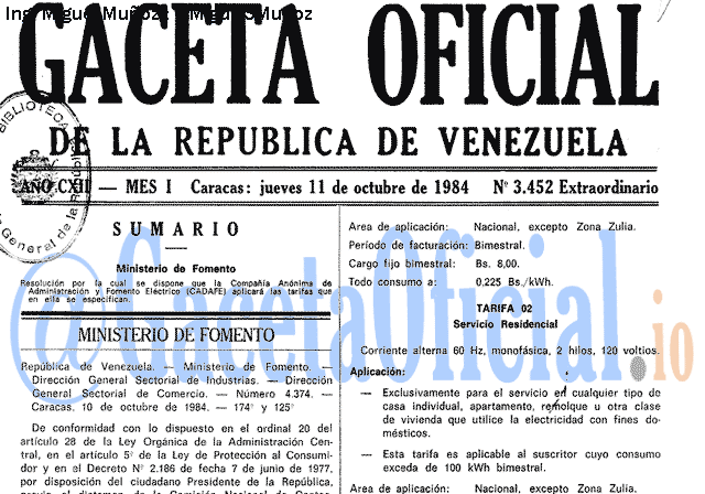 Gaceta Oficial 3452 del 11 Octubre 1984