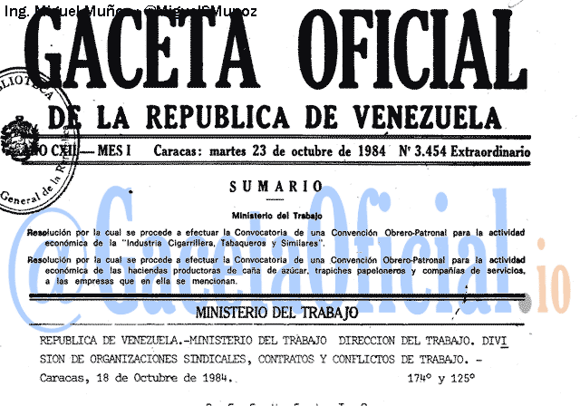 Gaceta Oficial 3454 del 23 Octubre 1984