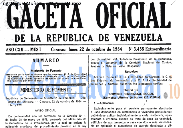 Gaceta Oficial 3455 del 22 Octubre 1984