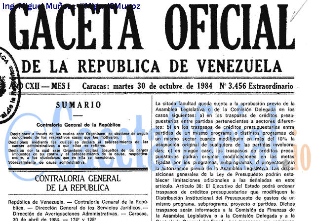 Gaceta Oficial 3456 del 30 Octubre 1984