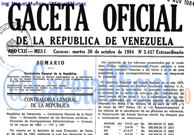 Gaceta Oficial 3457 del 30 Octubre 1984