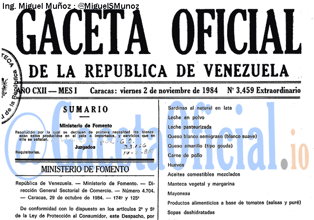 Gaceta Oficial 3459 del 2 Noviembre 1984