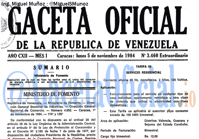 Gaceta Oficial 3460 del 5 Noviembre 1984