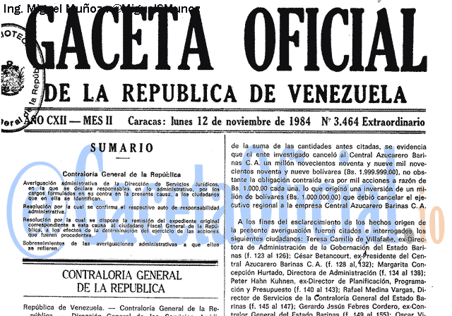 Gaceta Oficial 3464 del 12 Noviembre 1984