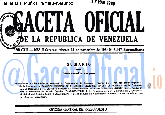Gaceta Oficial 3467 del 23 Noviembre 1984