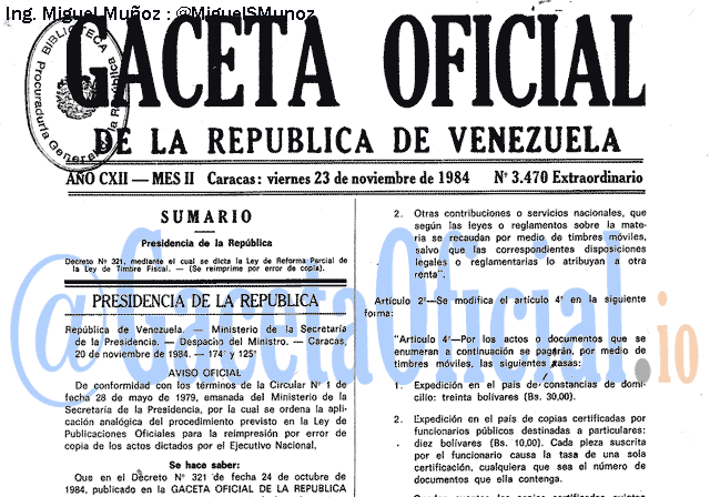Gaceta Oficial 3470 del 23 Noviembre 1984