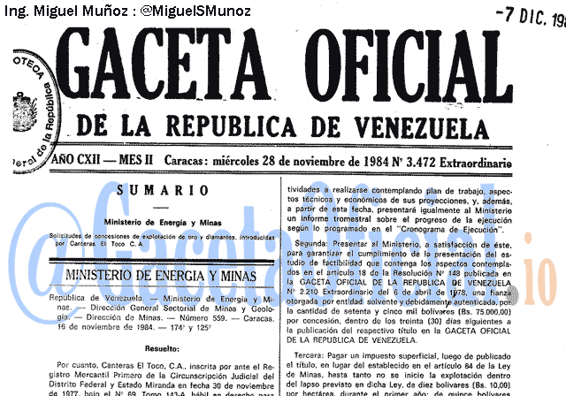 Gaceta Oficial 3472 del 28 Noviembre 1984