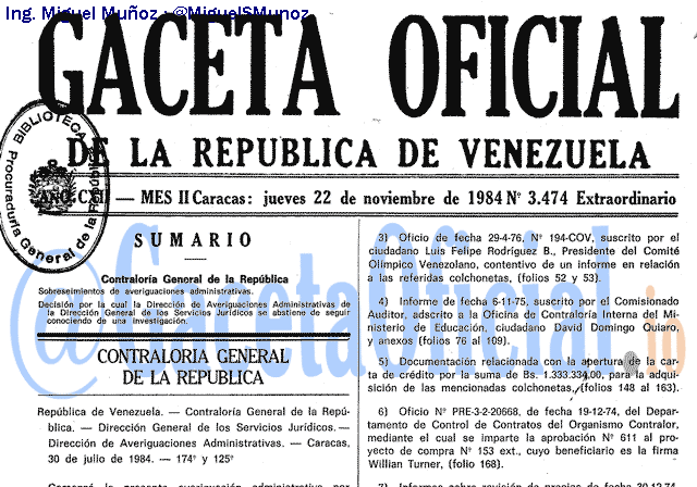 Gaceta Oficial 3474 del 22 Noviembre 1984