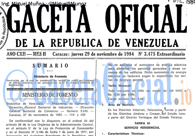 Gaceta Oficial 3475 del 29 Noviembre 1984