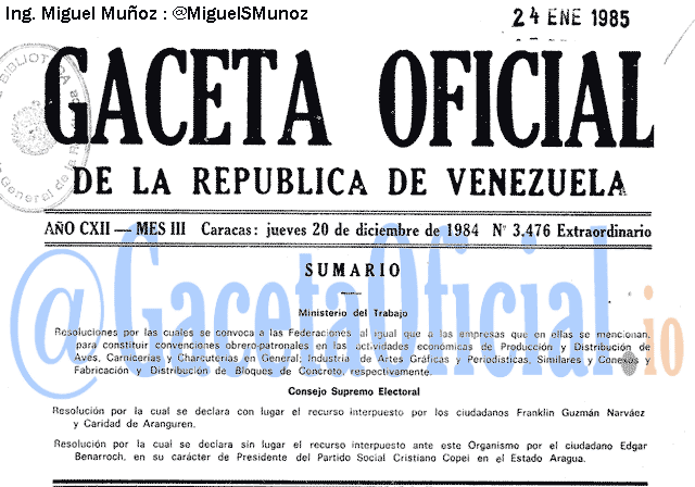Gaceta Oficial 3476 del 20 Diciembre 1984