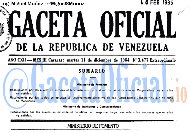 Gaceta Oficial 3477 del 11 Diciembre 1984