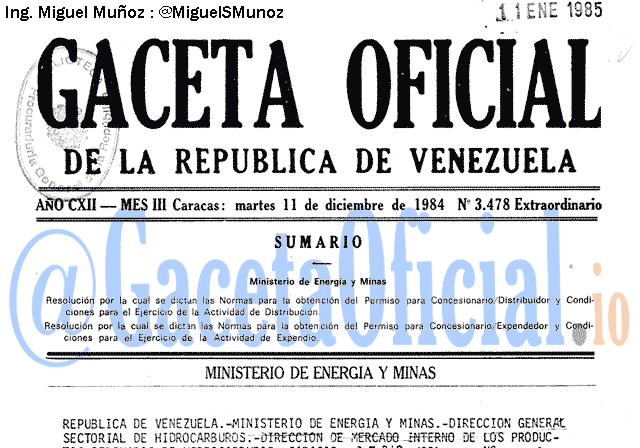 Gaceta Oficial 3478 del 11 Diciembre 1984