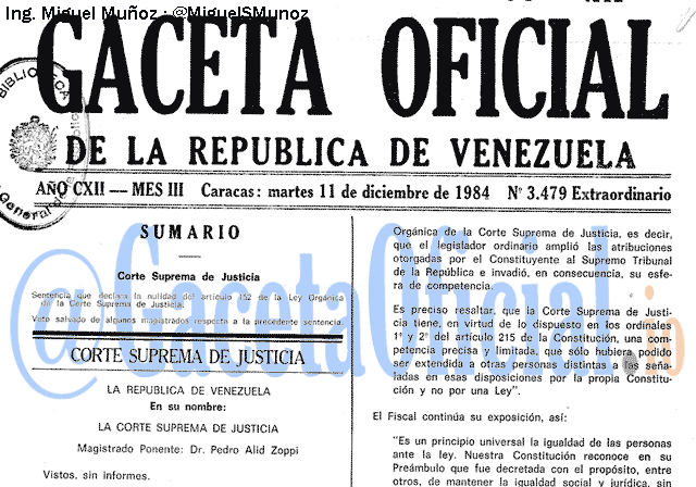 Gaceta Oficial 3479 del 11 Diciembre 1984