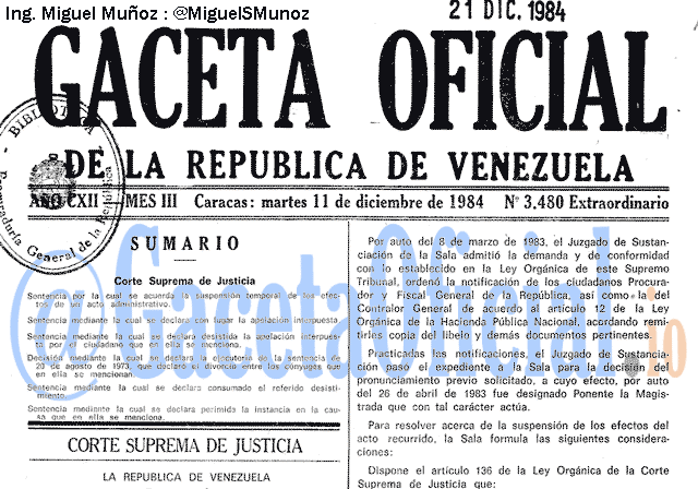 Gaceta Oficial 3480 del 11 Diciembre 1984